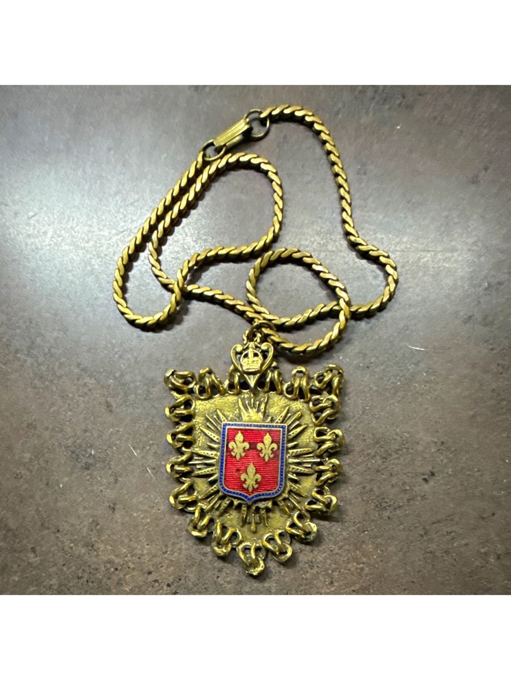 Gold Tone Rope Chain Necklace Barrel Clasp Shield Medal Pendant Heraldry,Vintage
